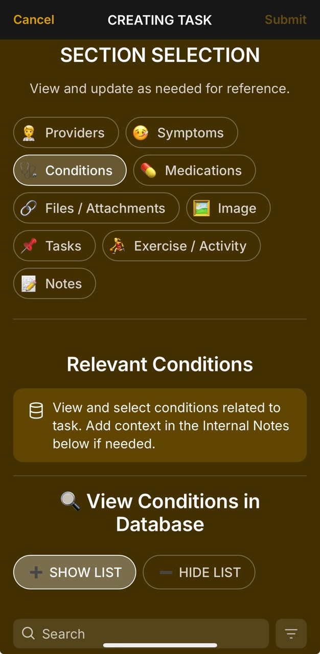 Create Task Page (Select Relevant Categories)
